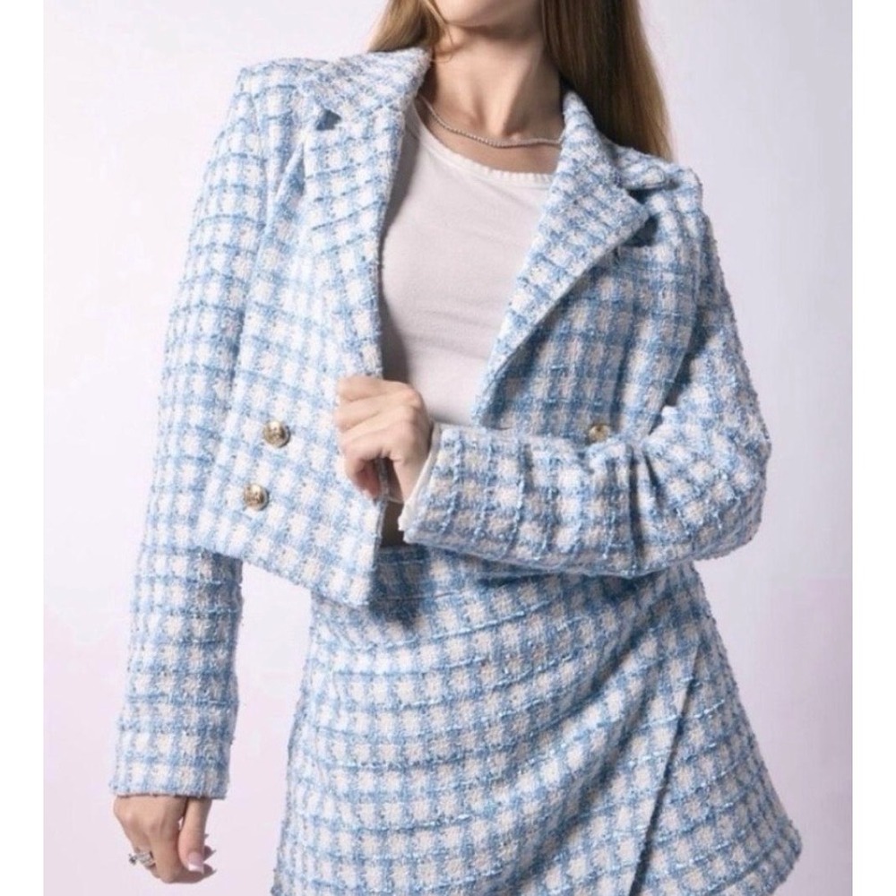 Jason Wu Blue White Gingham Tweed Cropped Double Breasted Blazer Jacket Size 8